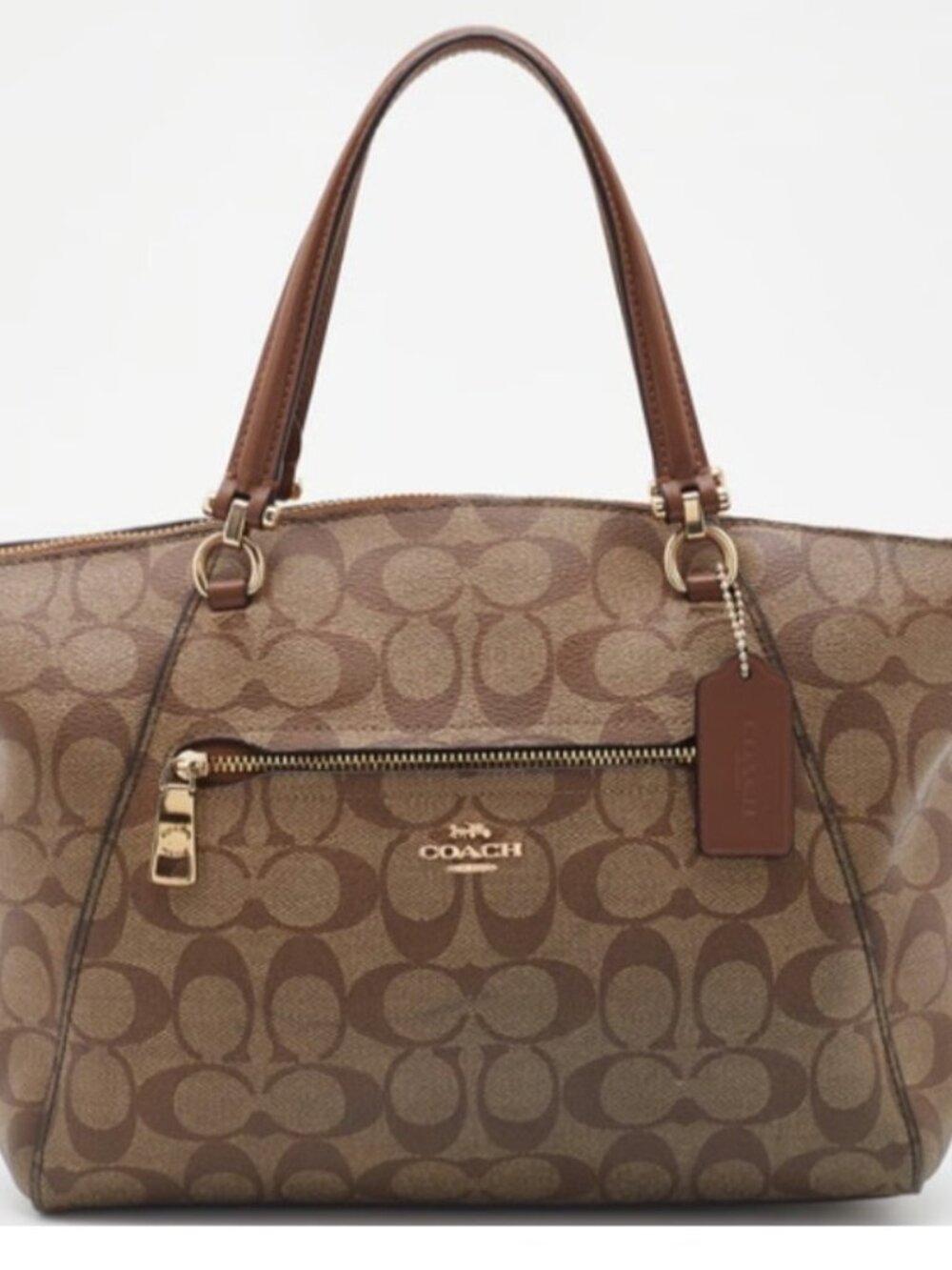 Classy Coach Tan and Brown Signature Logo Shoulder Bag Handbag Size Medium
